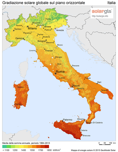 radiazione solare in Italia sul piano orizzontale